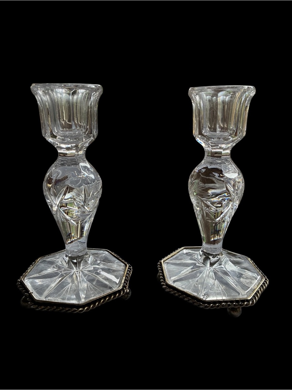 Crystal Candlestick Pair with Silver-Tone Trim - Clear